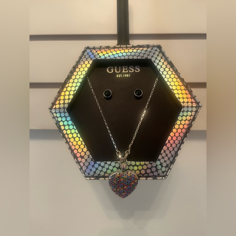 GUESS Rainbow Heart Pendant Necklace Set